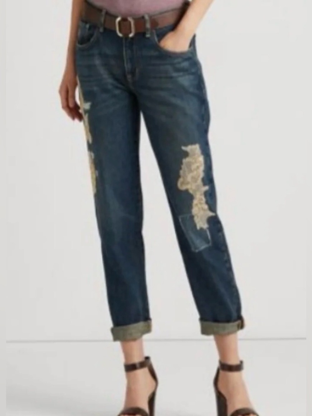 Lauren Ralph Lauren Womens Lace Patchwork Relaxed Tapered Jeans in Indigo Sz 6 - Picture 2 of 11